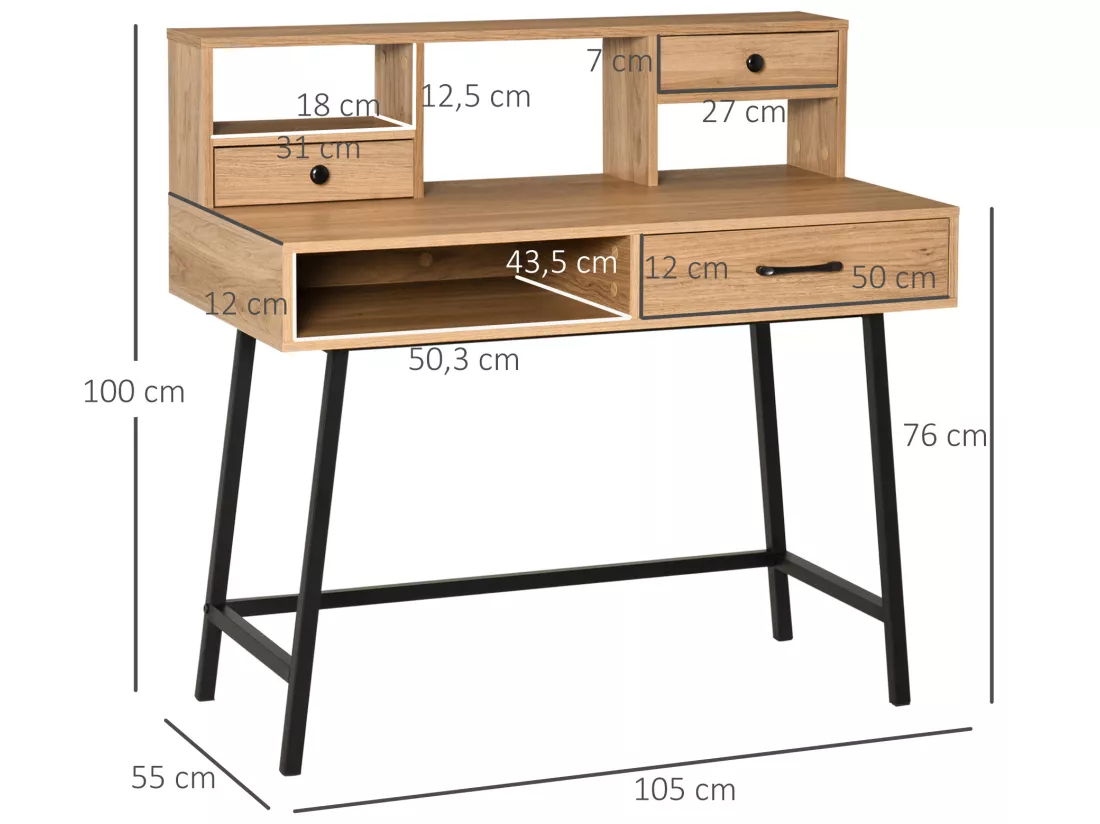 Bureau secrétaire style industriel dim. 105L x 55l x 100H cm 3 tiroirs + 3 niches piètement métal noir plateau imitation bois