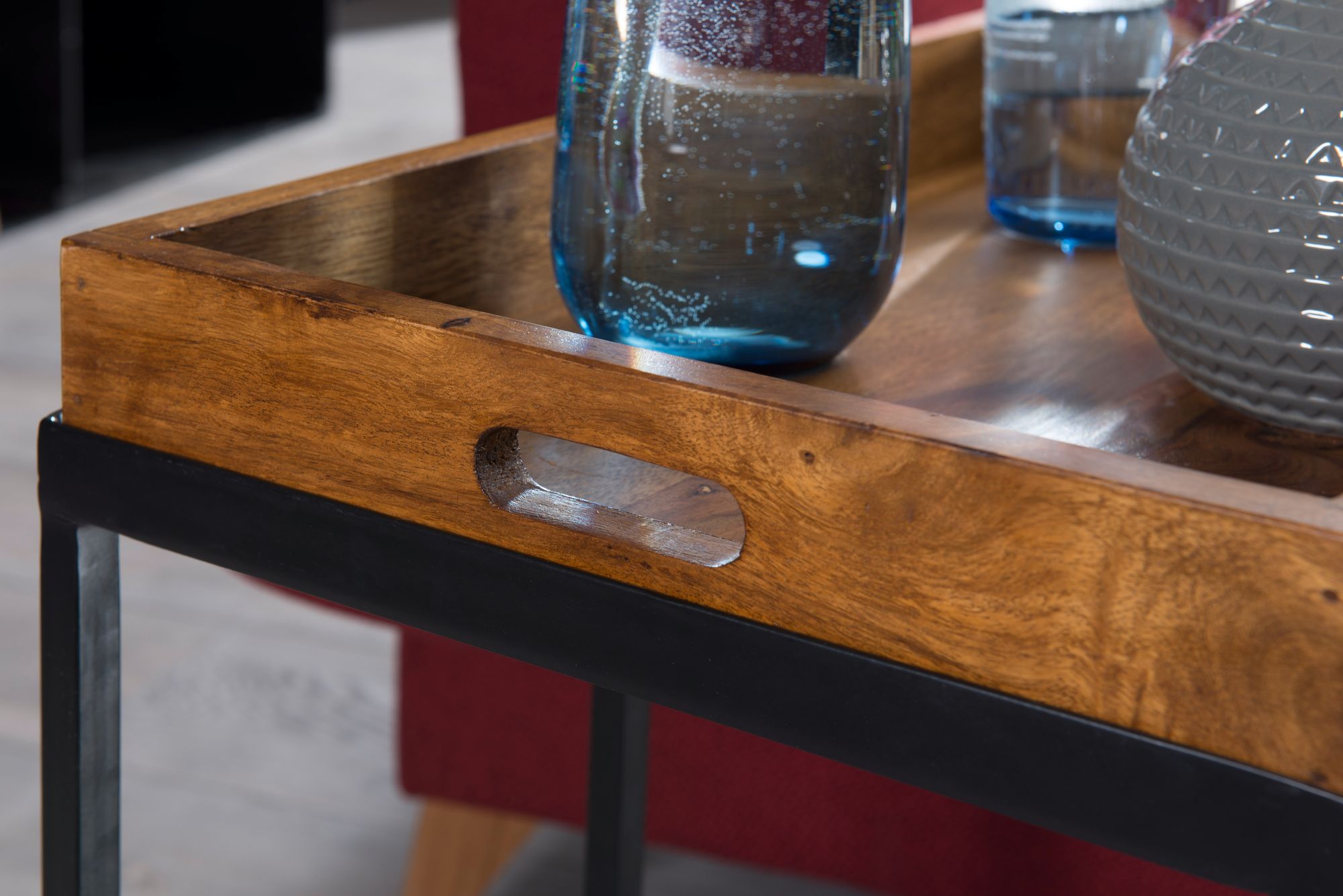 FineBuy Beistelltisch Sheesham massiv Holz Tabletttisch Abstelltisch Holz Metall