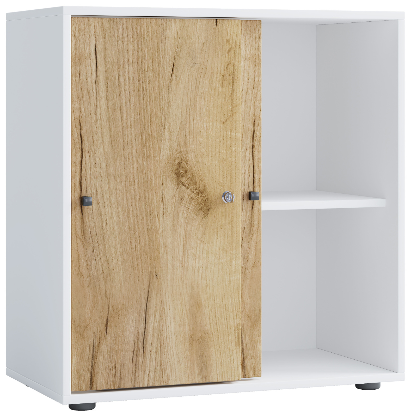 Büroschrank LONA L - Honig Eiche - weiß - mit Schiebetüren - 74 cm hoch