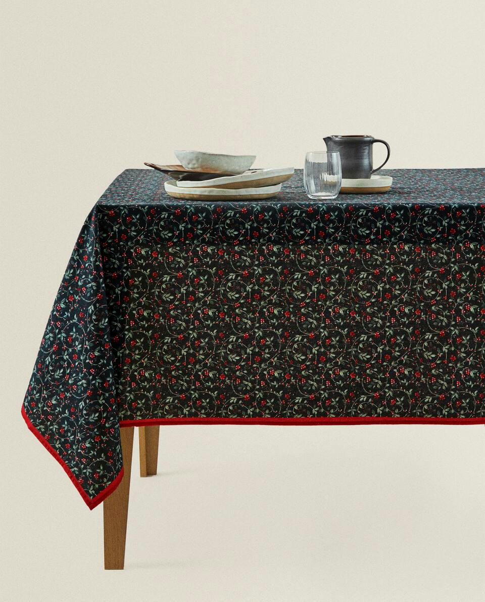 TOALHA DE MESA DE ALGODÃO COM ESTAMPA DE VINHAS DE NATAL