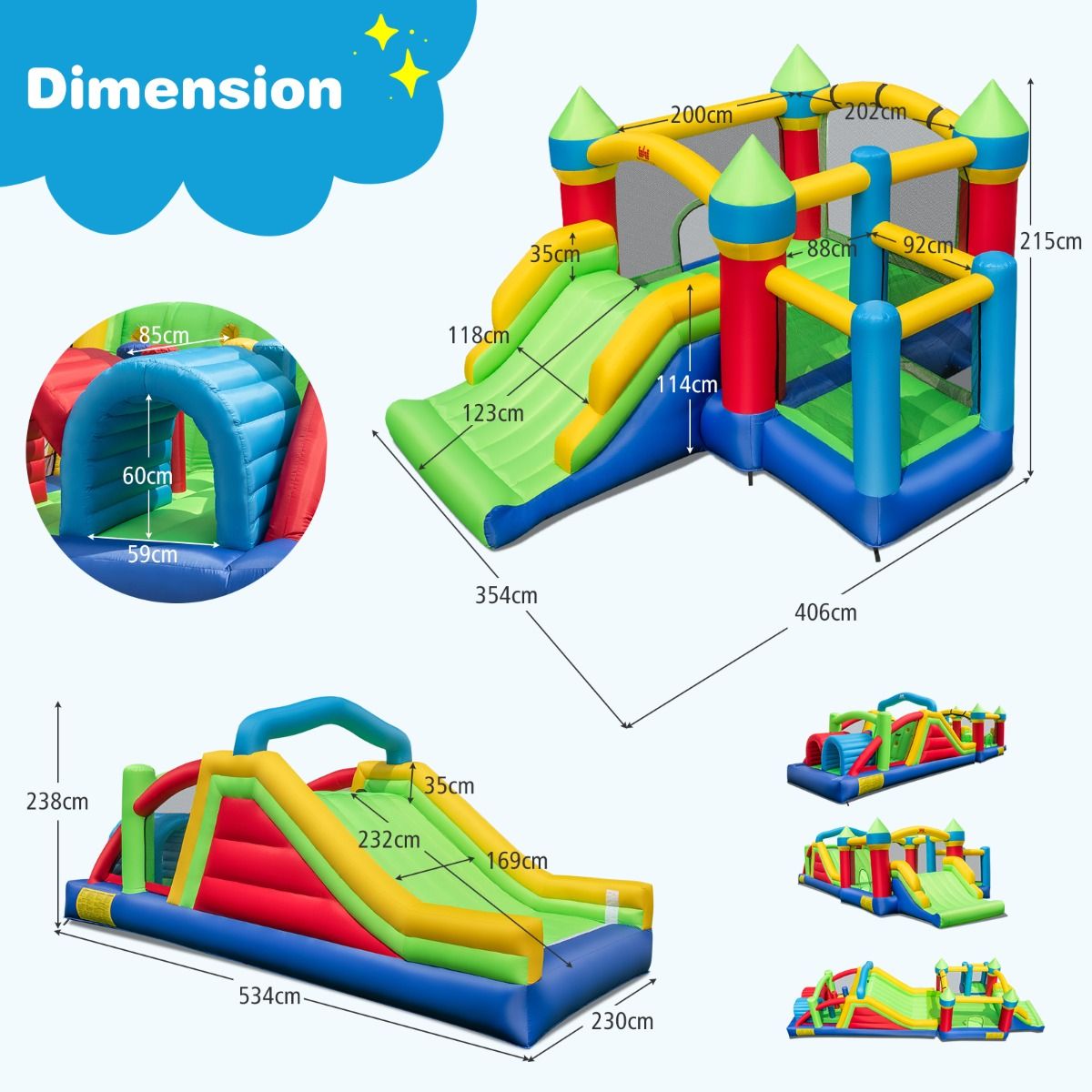 Château Gonflable pour 4 Enfants avec 2 Toboggans Tunnels Zone de Rebond Escalade Obstacles Maison de Jeu avec Souffleur de 680 W - Lidl-Manfred