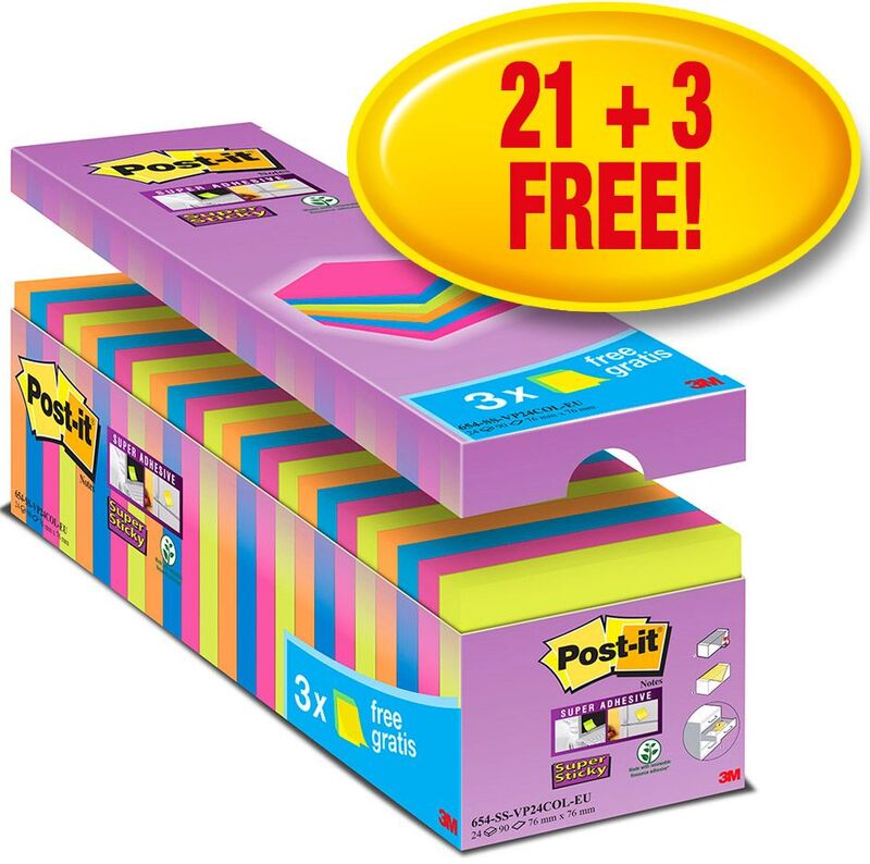 Post-it Haftnotizen Super Sticky Promopack, assortiert, 76 x 76 mm, 24 x 90 Blatt