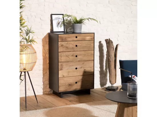 ANDREA - Meuble chiffonnier 5 tiroirs bois Pin recyclé naturel et noir