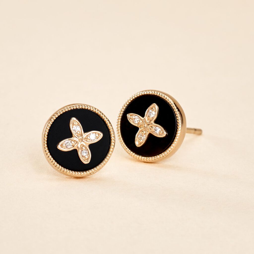 Boucles D'oreilles Puces Talisman Or Jaune Agate Diamant