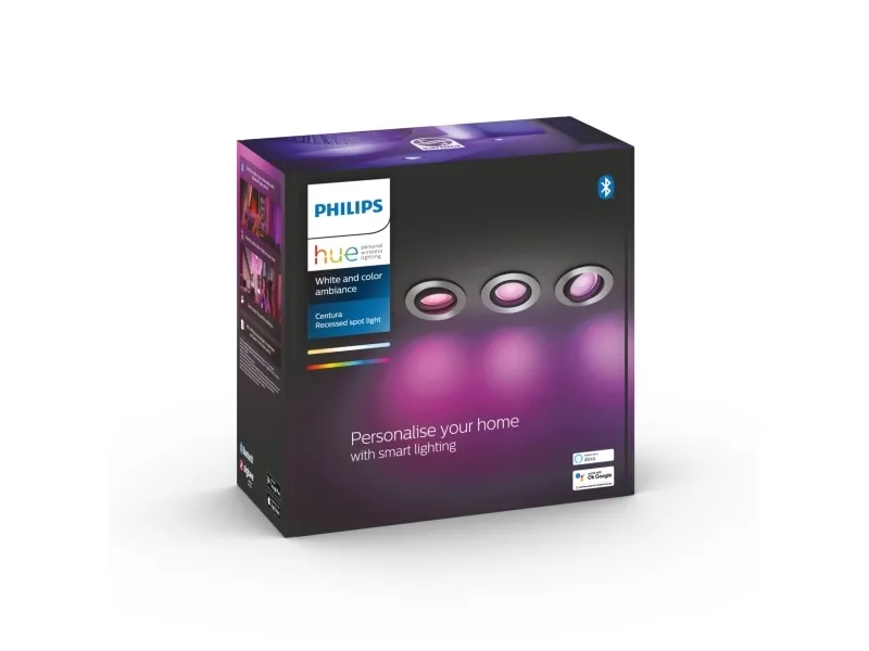 Philips Hue White and Color Ambiance Centura - Indlejret spotlys - LED-spot lyspære - GU10 - 5.7 W - klasse G - 16 millioner farver/varmt hvidt til koldt hvidt lys - 2000-6500 K - aluminium (pakke med 3)