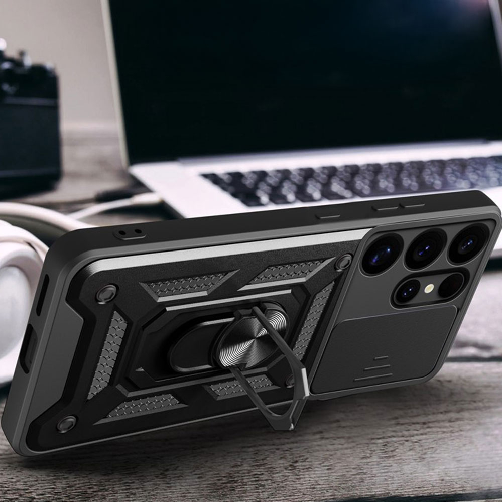 Samsung Galaxy S25 Hybrid Outdoor Hardcase Hülle mit Cam-Slider   Magnetischer Kickstand - Schwarz