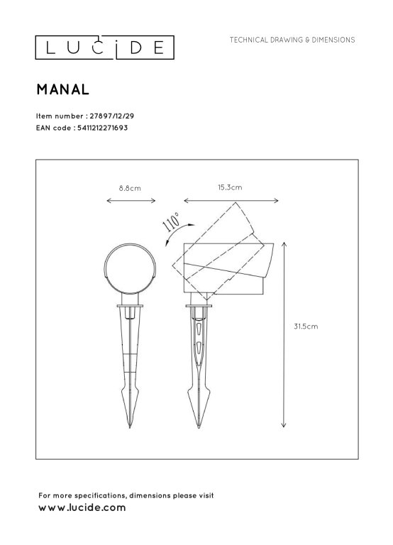 Lucide Manal spot met grondvoet LED buiten IP65 zwart