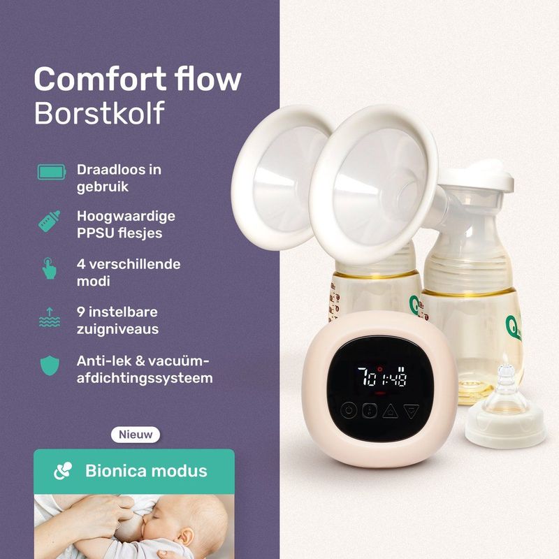 Elektrische Borstkolf - incl. 2 Melkflesjes - Dubbel - BPA vrij - Handsfree Handkolf - Draadloos - Qwali