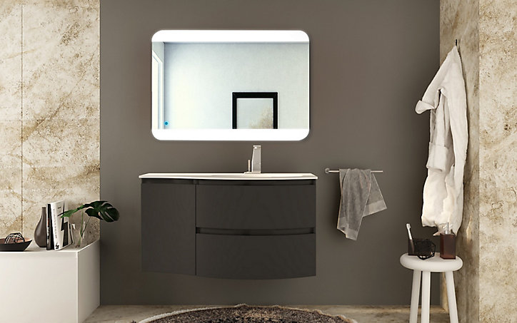Meuble sous vasque graphite Vague 104 cm + complément gauche + plan vasque en verre