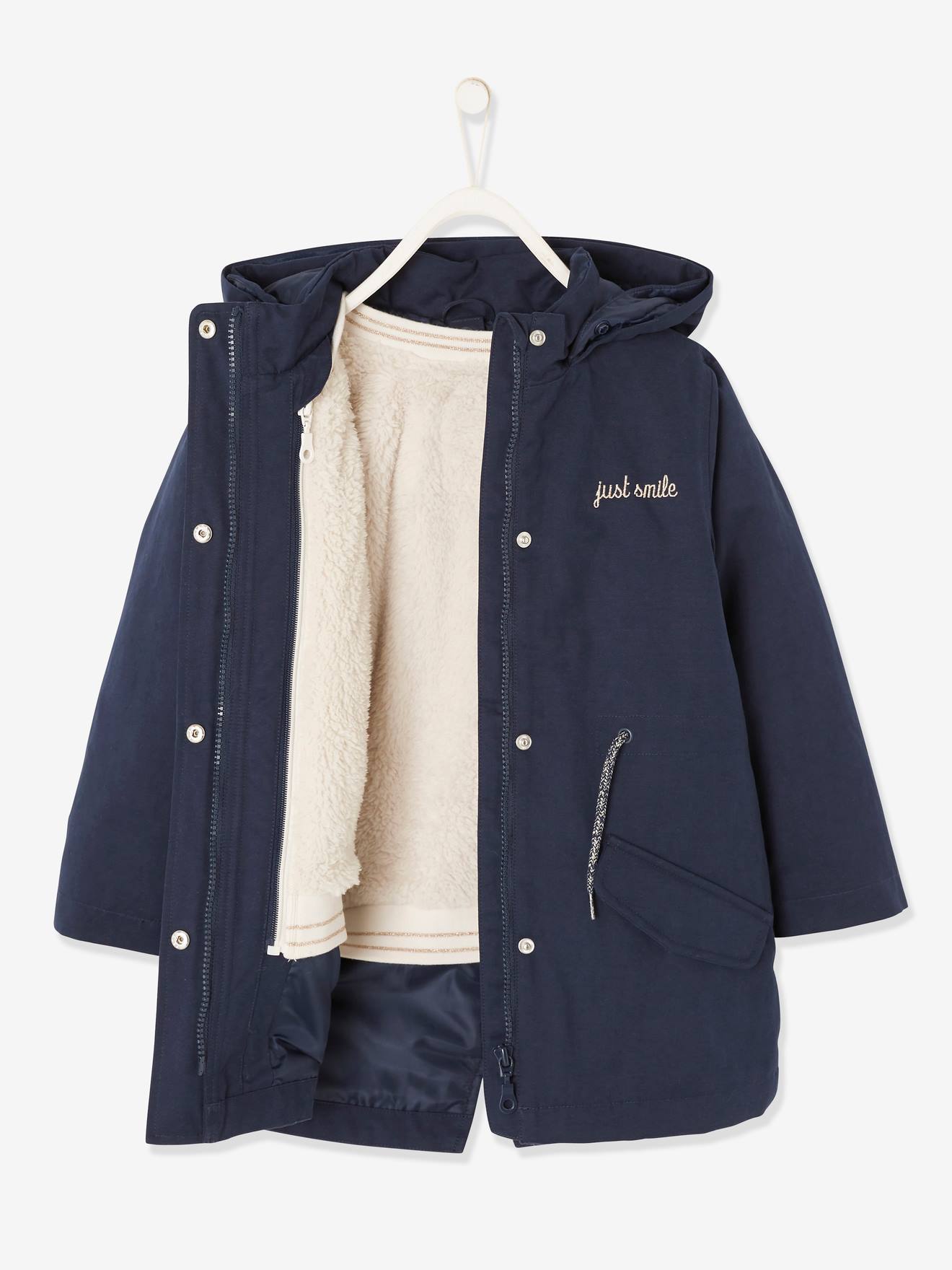 Parka 3 em 1 para meninas, azul escuro liso