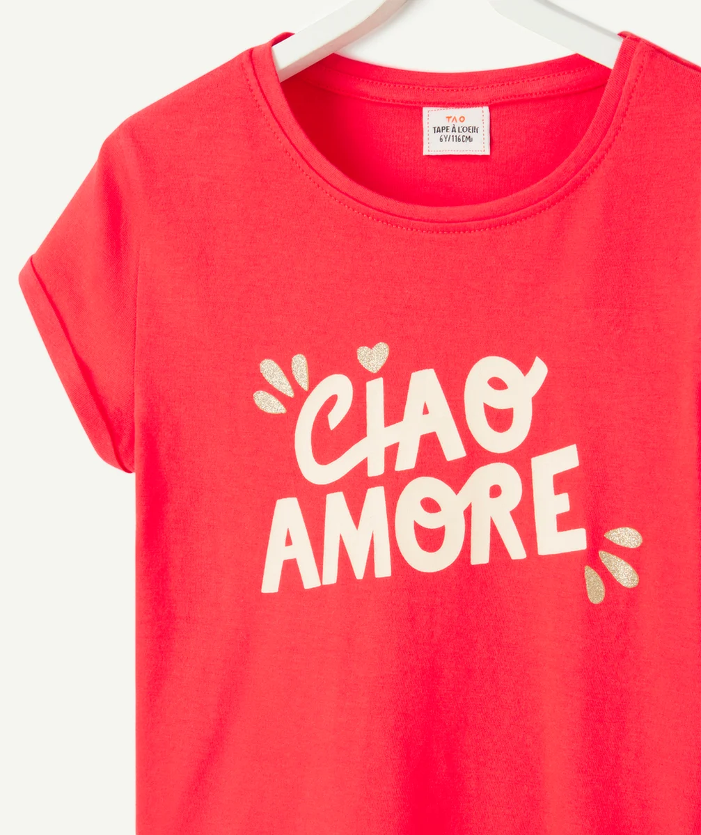 T-SHIRT FILLE EN COTON BIOLOGIQUE ROUGE AVEC MESSAGE CIAO AMORE