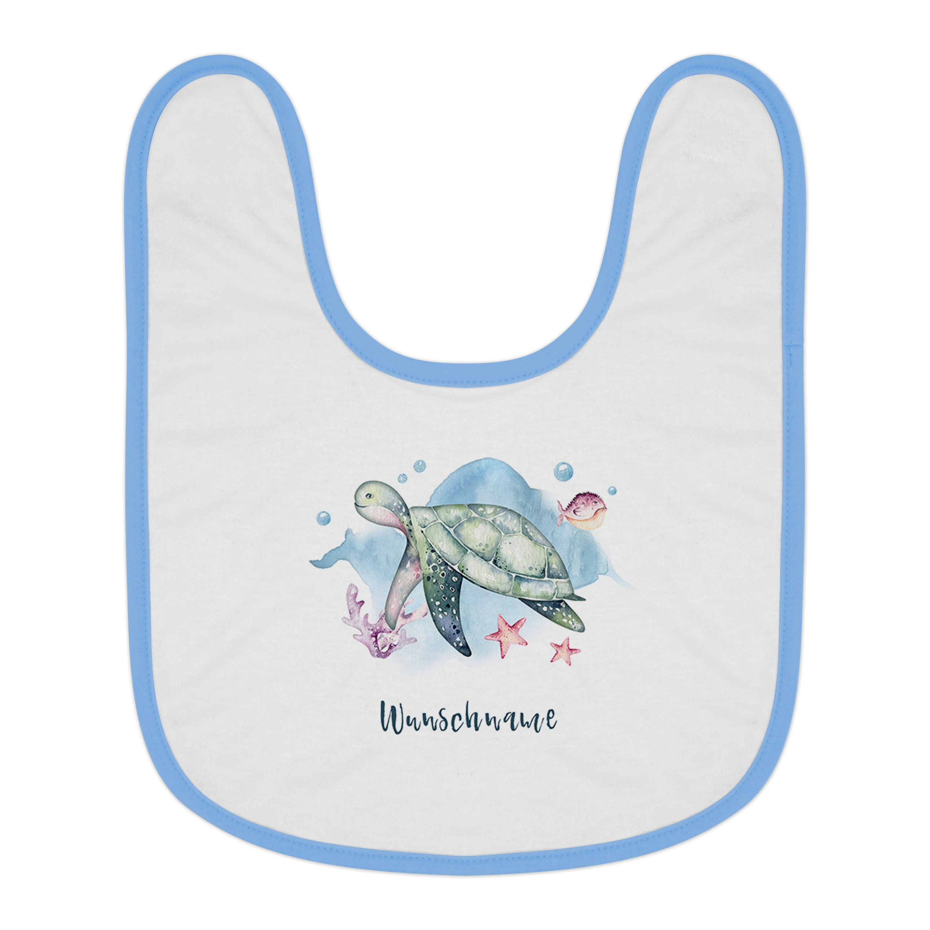 Baby-Lätzchen mit Namen, blau (Motiv: Schildkröte)
