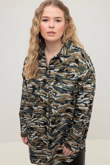 Hemdbluse, oversized, Camouflage, Hemdkragen, Langarm