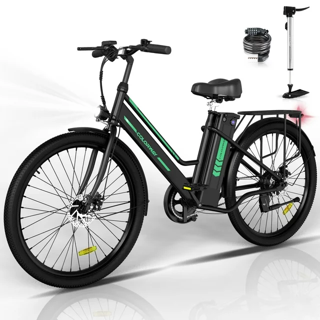 Bicicleta elétrica feminina COLORWAY 26, motor potente de 500 W, bateria removível de 36 V 12 Ah, velocidade máxima de 32 km/h.