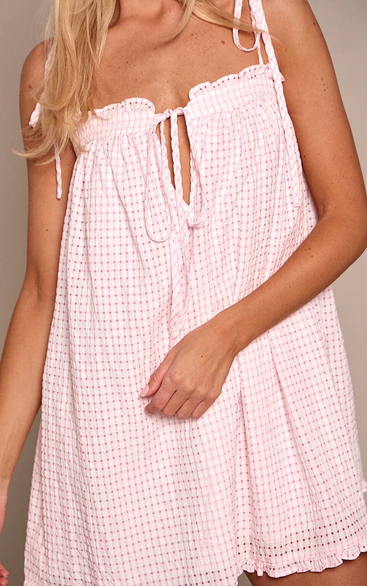 Rose Robe Mini À Carreaux Avec Liens Aux Épaules