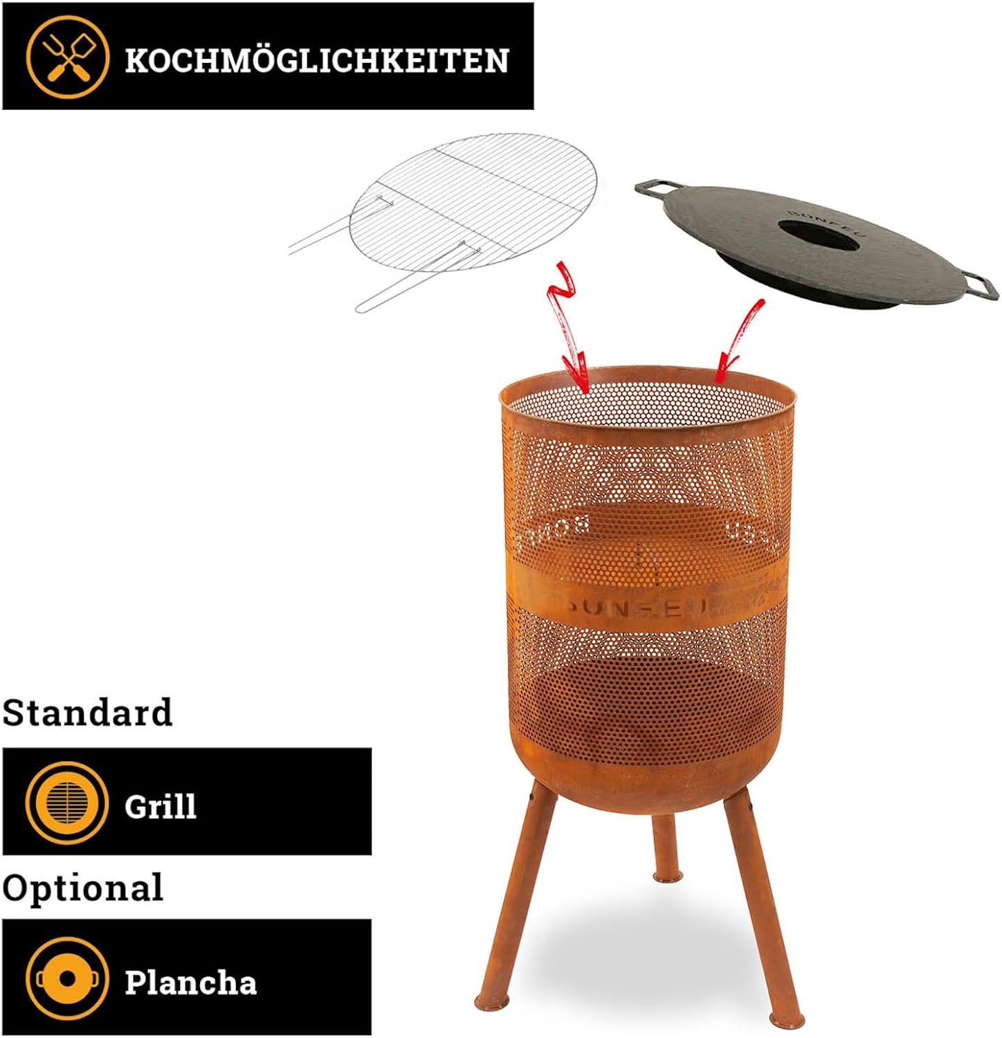 BonFeu Bonves Ø 45cm Rost - Feuerkorb für den Garten - Feuertonne & Feuerstelle - aus stabilem Stahl - Mit Grillrost & Schürhaken zum Kochen - Feuerkorb mit Grillrost