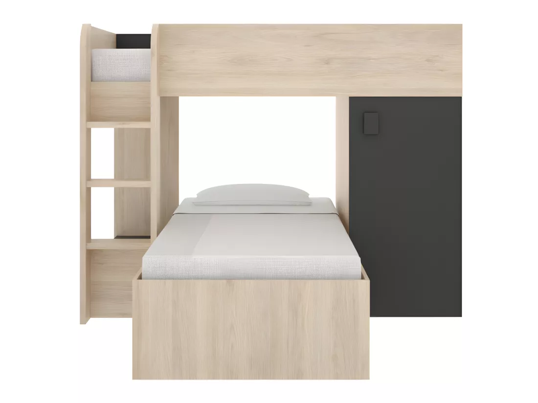 Lits superposés d'angle réversibles RICARDO - 2 x 90 x 190 cm - Rangements intégrés - Chêne et anthracite + matelas