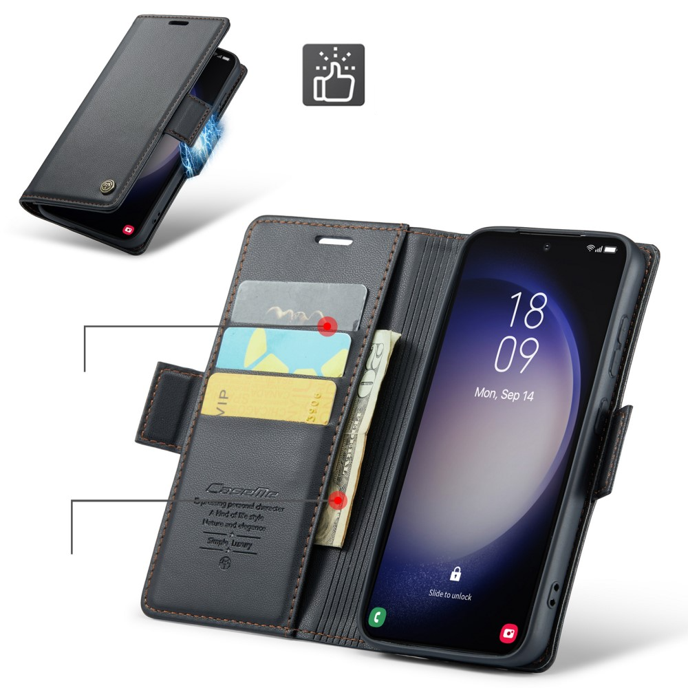 Samsung Galaxy S23 Leder Tasche Flip Wallet Etui mit Kartenfächern Litchi Look (RFID Schutz) - Schwarz
