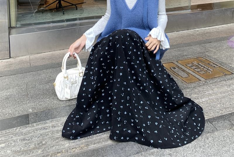 Trendycas - Top met lange mouwen en mockneck, gemêleerde ruches, gebreide top met V-hals en bloemenaccent, vest met elastische taille en bloemenprint in A-lijn