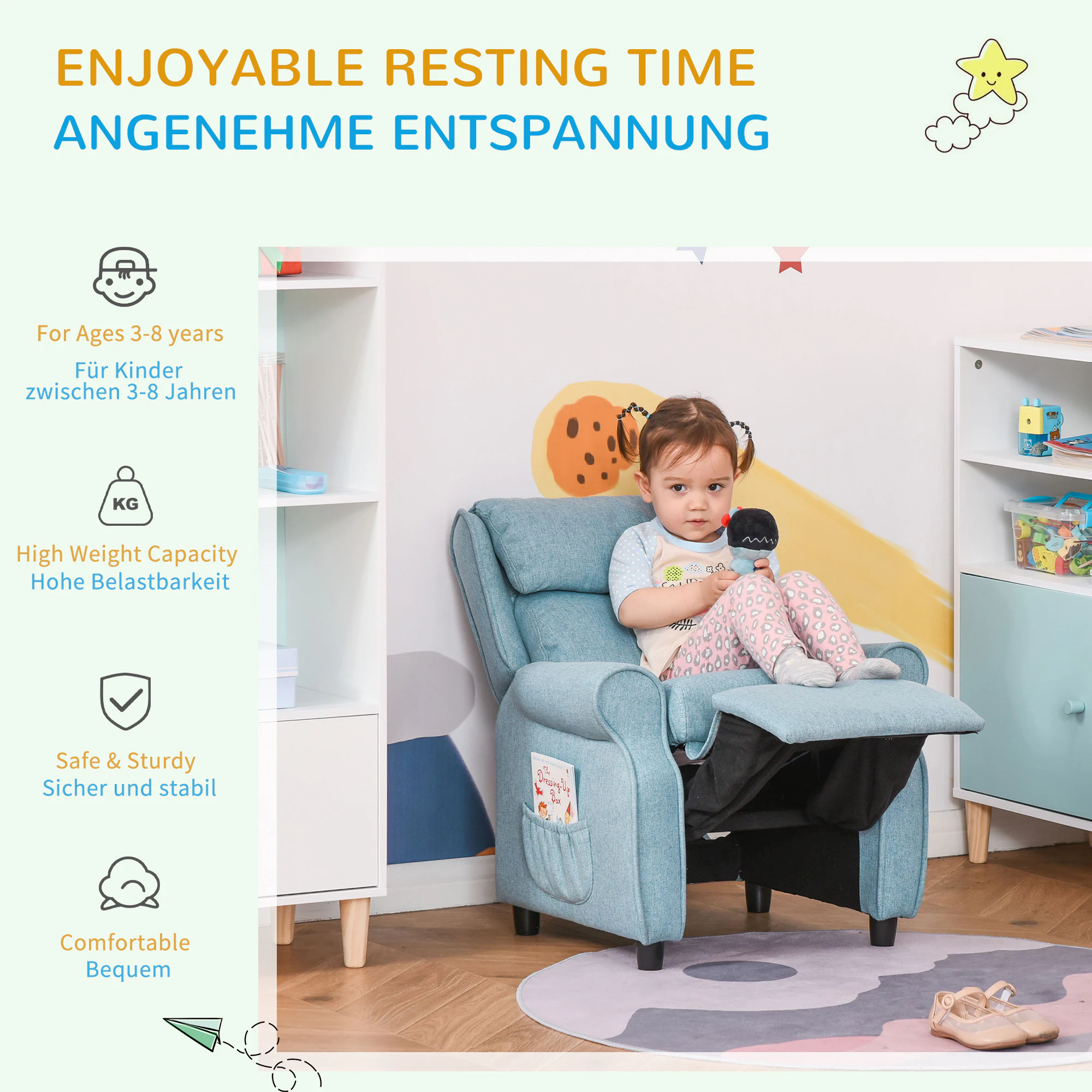 HOMCOM Kindersessel mit Liegefunktion 58 x 53 x 70 cm (BxTxH)