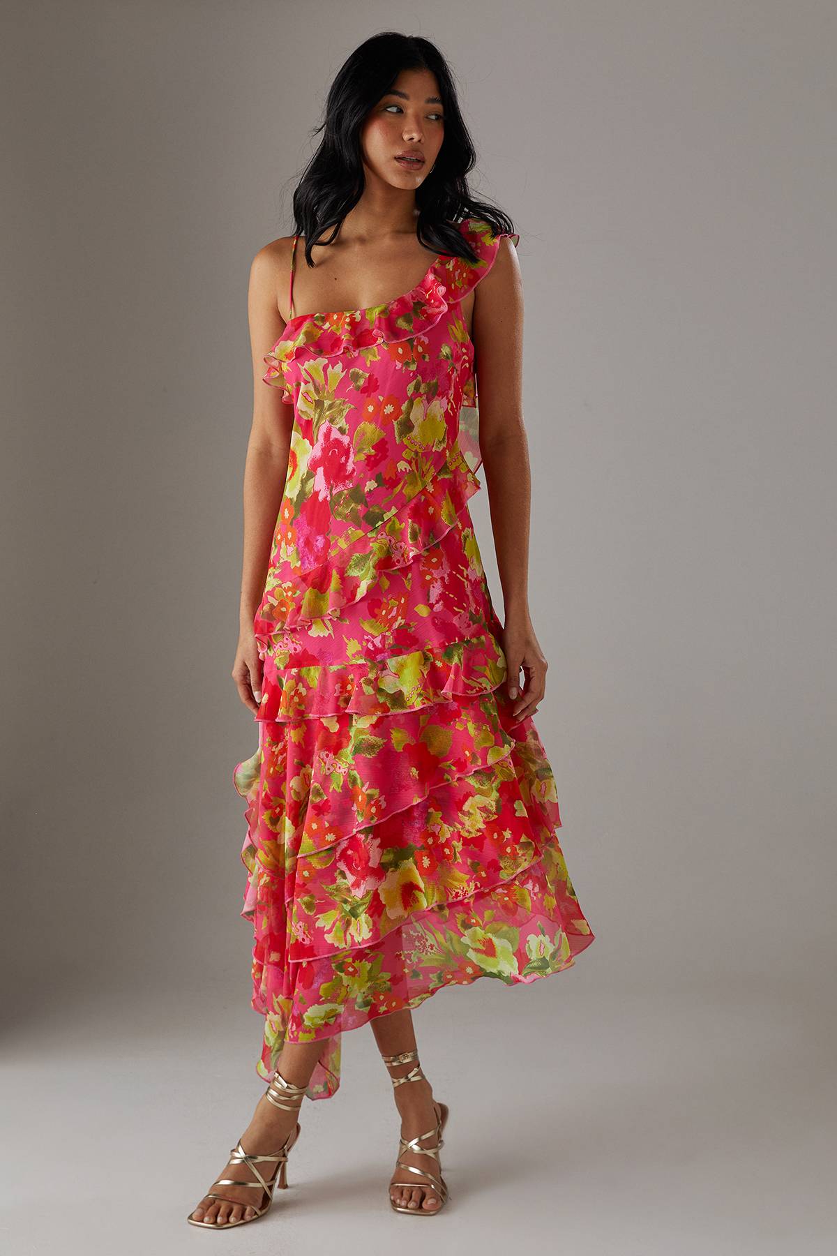 Warehouse Robe Nuisette Midi En Mousseline À Volants Et Ourlet Asymétrique