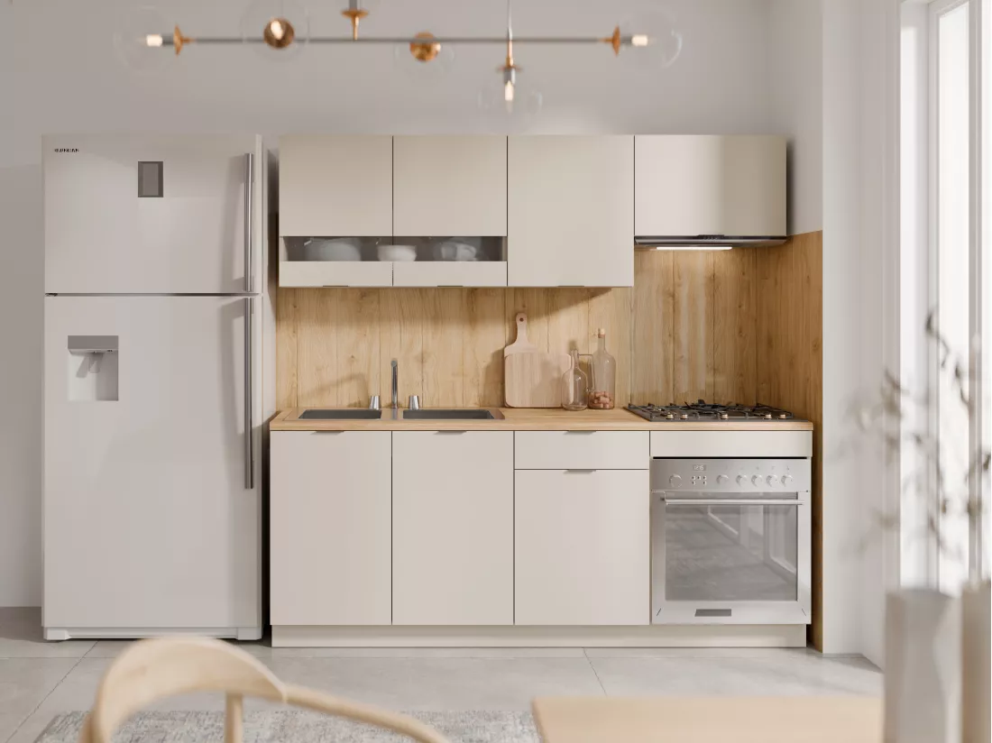 Cuisine complète - Avec plan de travail 200 cm - Beige et Naturel - CARMEO