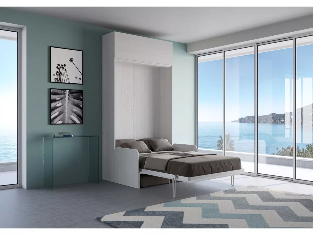 Armoire lit 120x190 avec canapé et meuble haut bois blanc Kanto-Couleur Microfibre 17