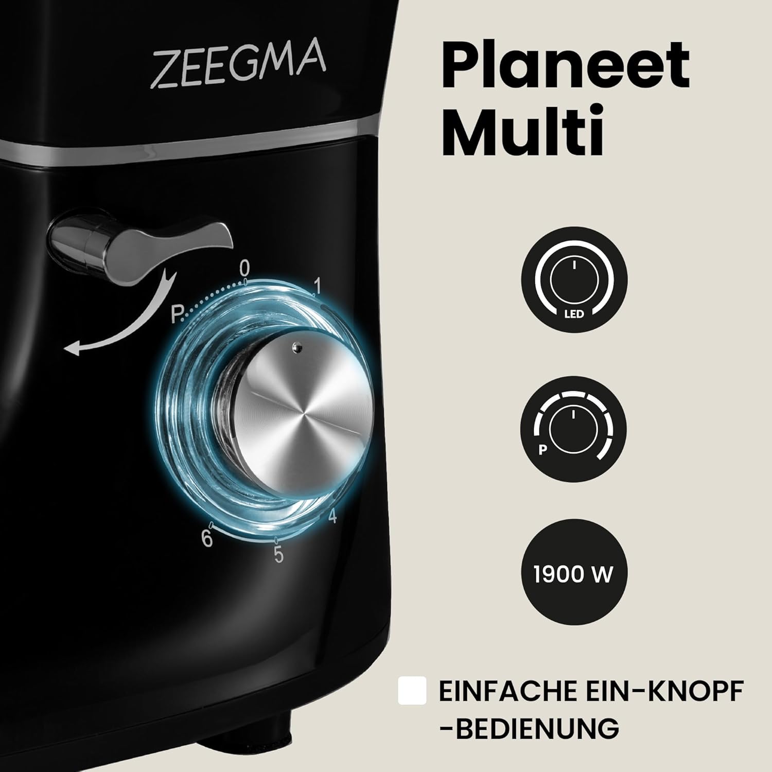 ZEEGMA PLANEET MULTI 1900 W 3-in-1-Planeten-Küchenmaschine, multifunktionale Küchenmaschine mit 6,2-l-Schüssel mit Griff und Deckel, Standmixer, Fleischwolf, 6 Geschwindigkeiten