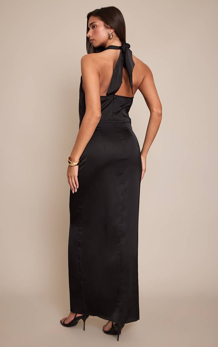 Noir Robe Longue En Satin À Col V Avec Détail Noué