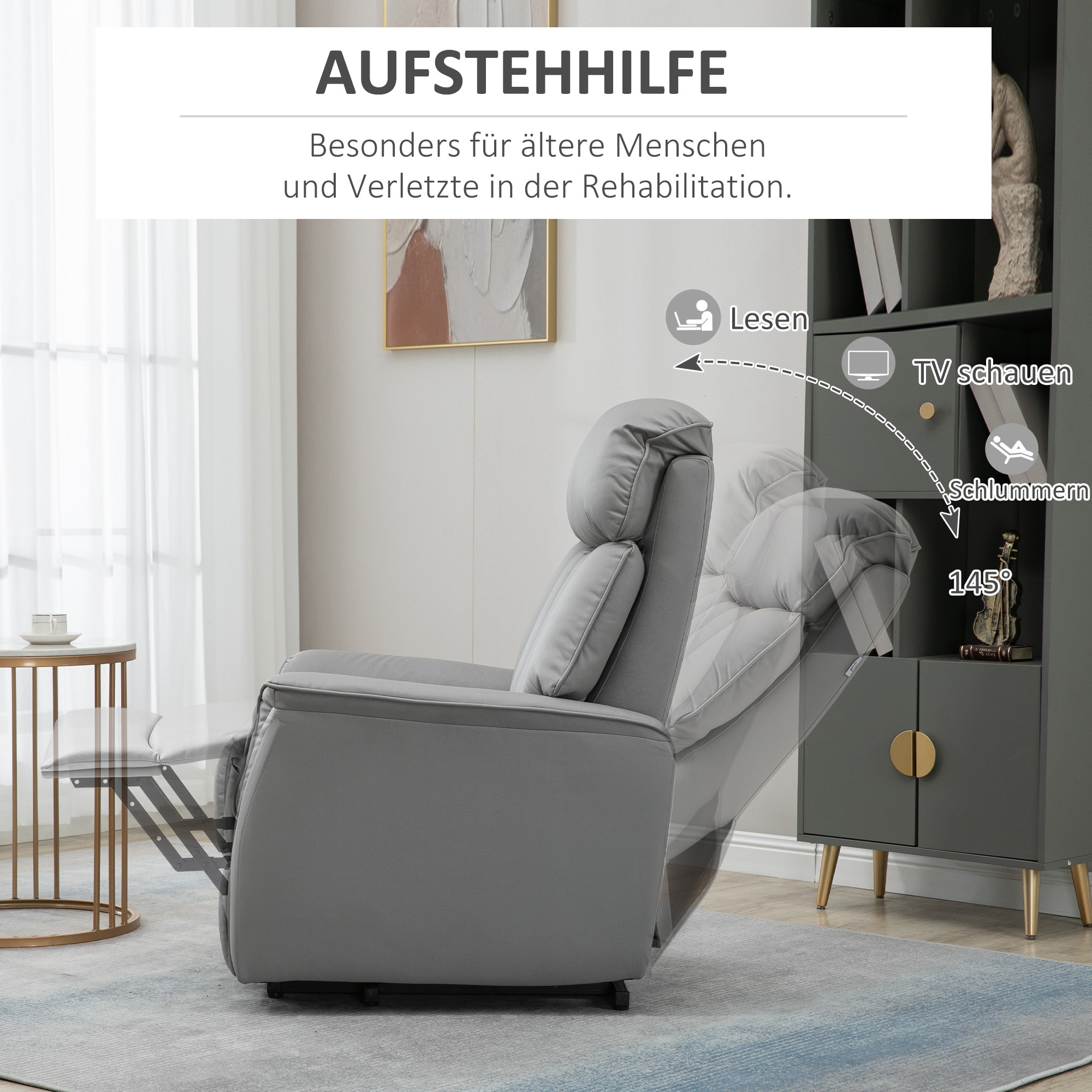 HOMCOM Aufstehsessel mit Liegefunktion grau 80B x 94T x 104H cm