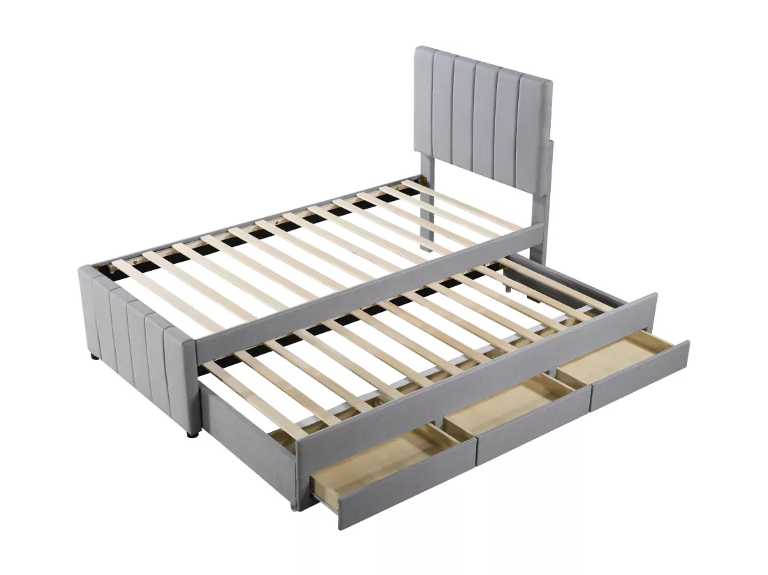 Lit gigogne 90 x 190/200 cm avec 3 tiroirs - tissu lin - sommier à lattes - gris