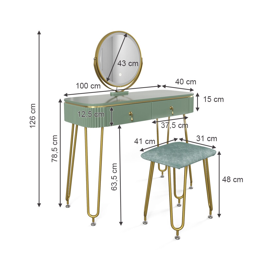 Vicco Schminktisch Frisiertisch Schminkkommode Grace Hellgrün Hochglanz LED-Spiegel Hocker 100x126 cm modern Schlafzimmer Kommode Schublade Ablage Aufbewahrung Kosmetiktisch Schminkkonsole Make-Up-Tisch