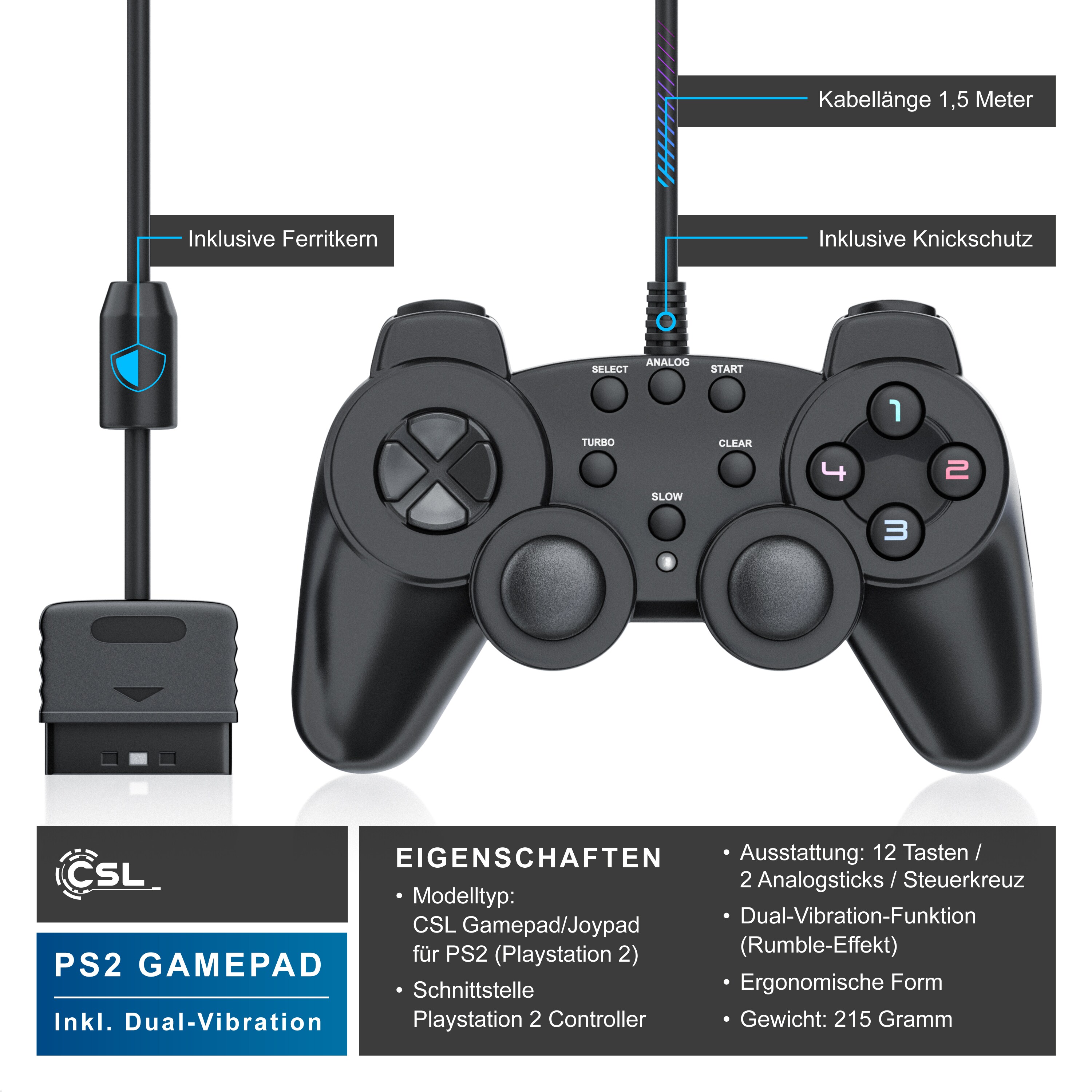CSL PlayStation-Controller, PS2 Gamepad mit Dual Vibration (Rumble Effekt), Präzision & Komfort