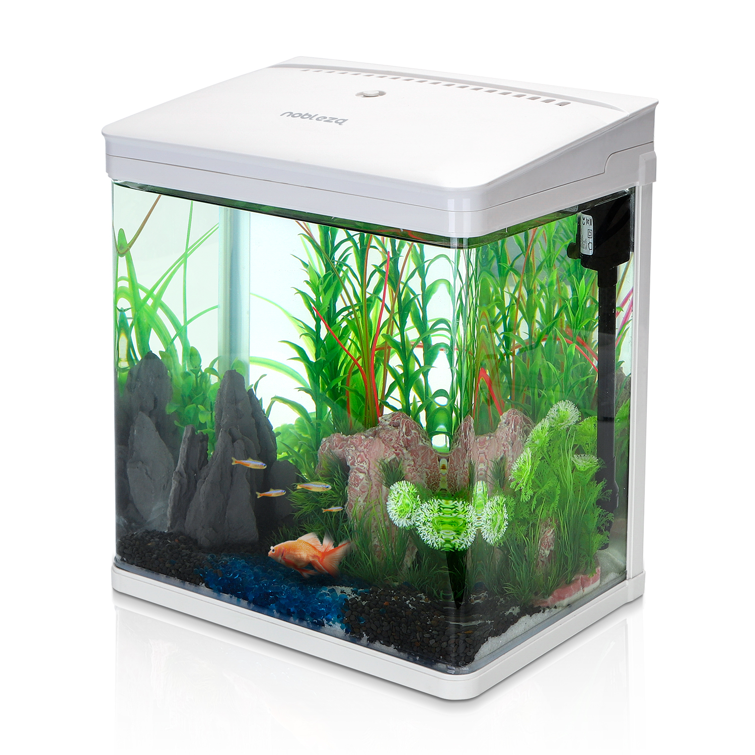 Nobleza - Aquário de vidro com tampa e luzes LED. Sistema de filtragem de 14 litros. Branco.