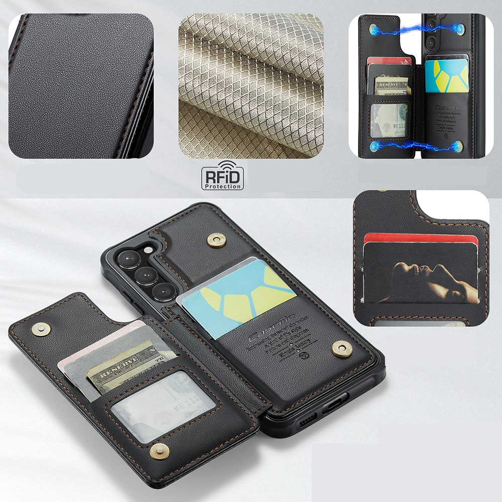 Samsung Galaxy S23 5G Leder Hülle mit Kartenfächern im Litchi Look   Kickstand (RFID Schutz) - Schwarz