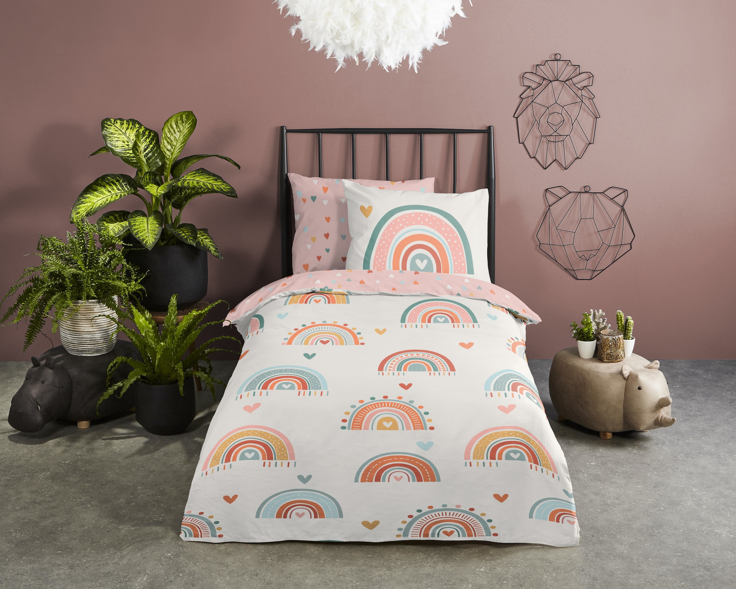 good morning Babybettwäsche »Louie« 2 Stk. tlg. Baumwolle, Renforcé, Wendeoptik, Baby, Kind, Mädchen, Regenbogen, Rosa