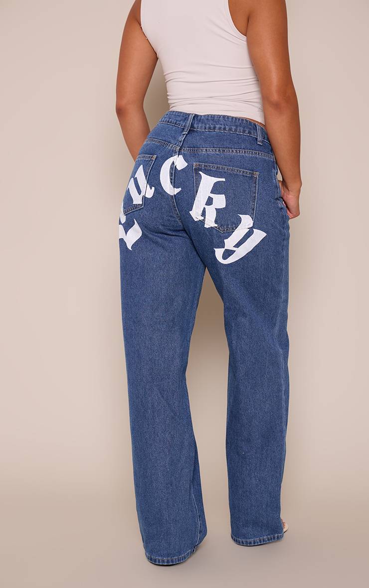 Indigo Blue Wash Jean En Denim Large Indigo Délavé Taille Basse Imprimé Graphique Délavé Shape