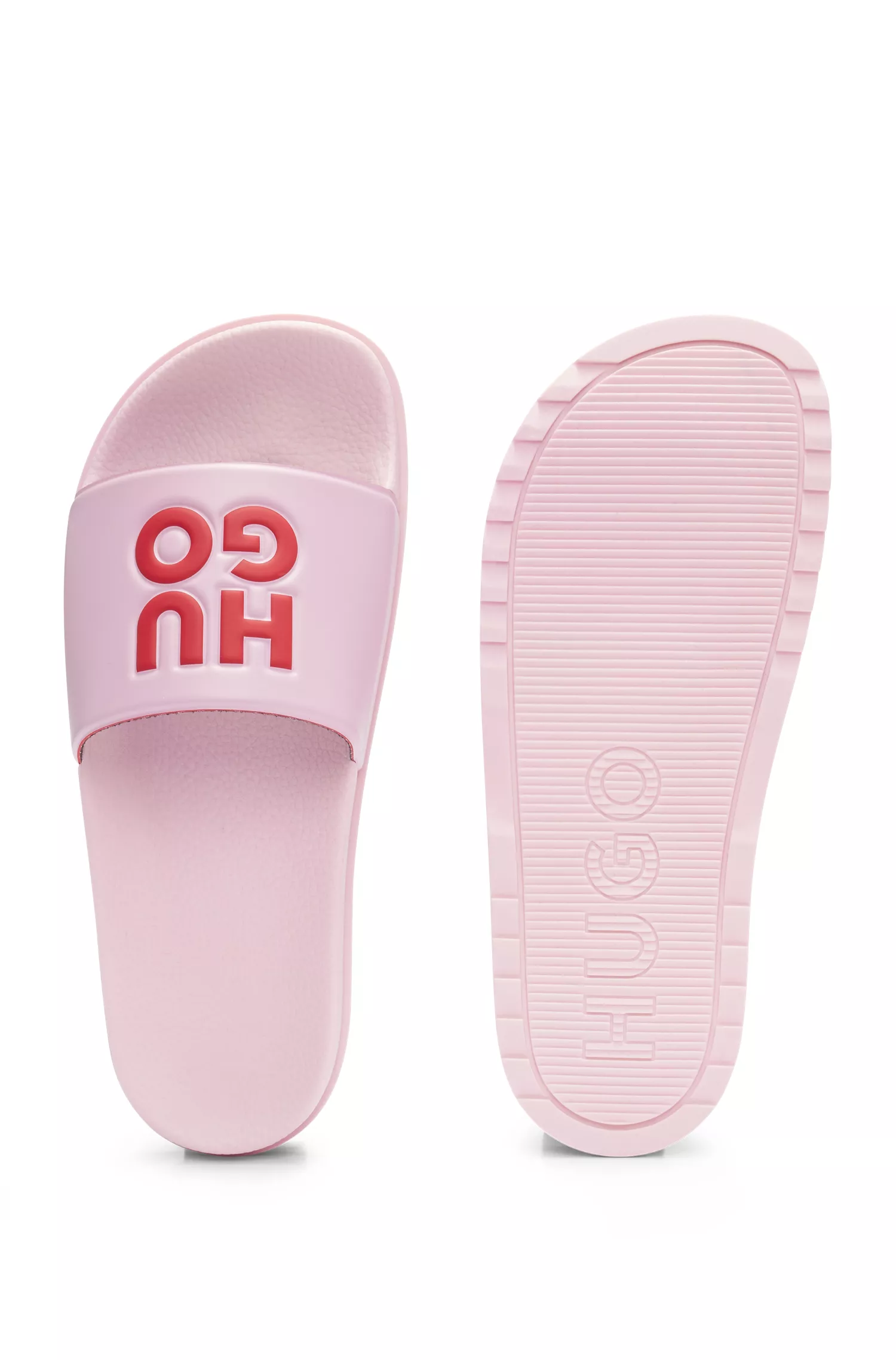 Chinelo HUGO vermelho, fabricado na Itália, com logotipo empilhado.
