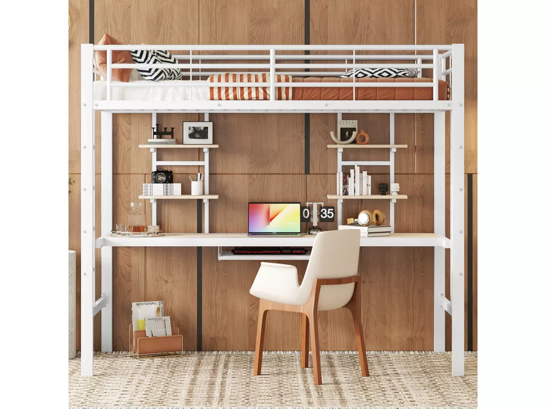 Lit mezzanine 90x200cm - avec bureau et étagères - cadre en métal - Blanc