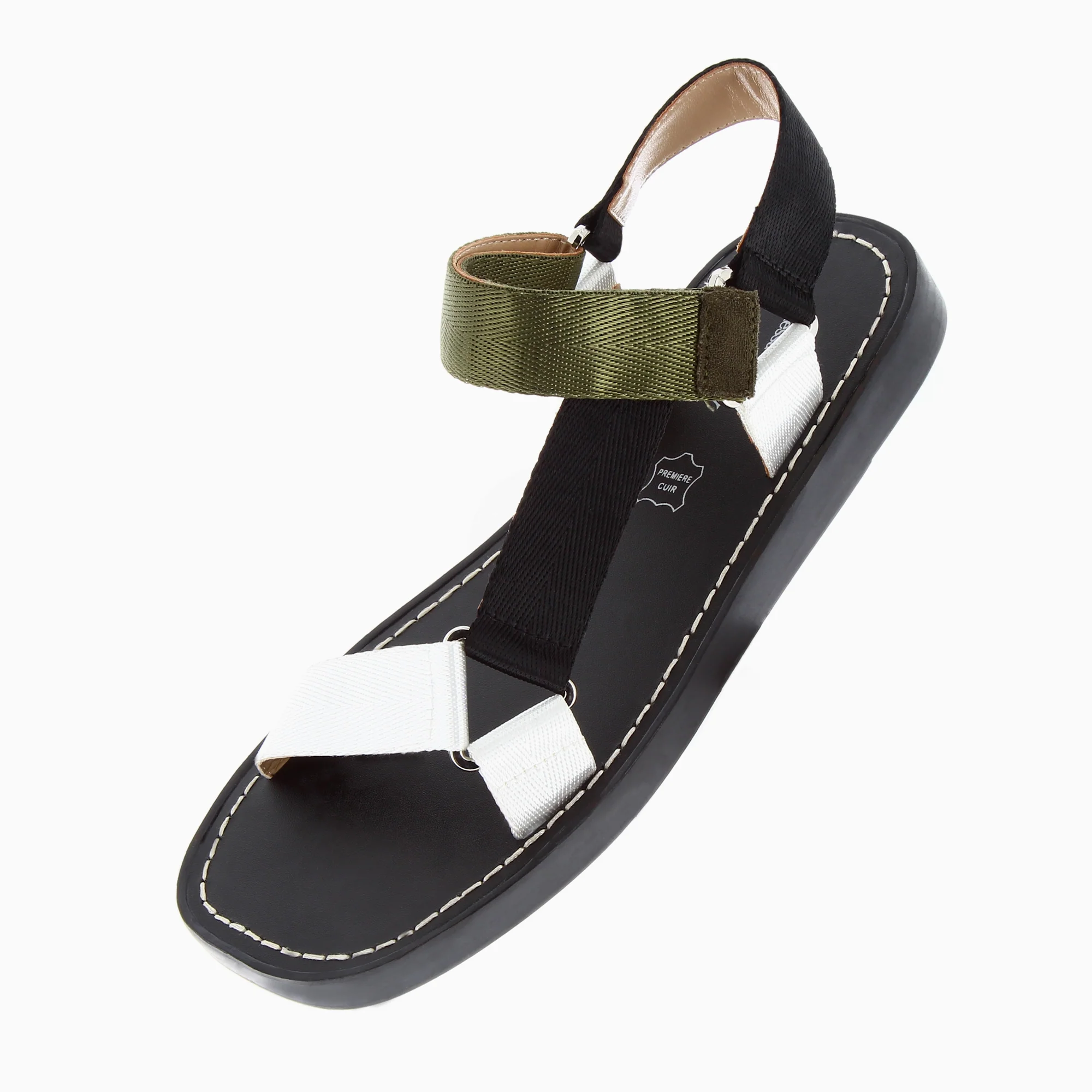 Sandales plates-Sandales plates Laurence en tissus kaki, noir et blanc