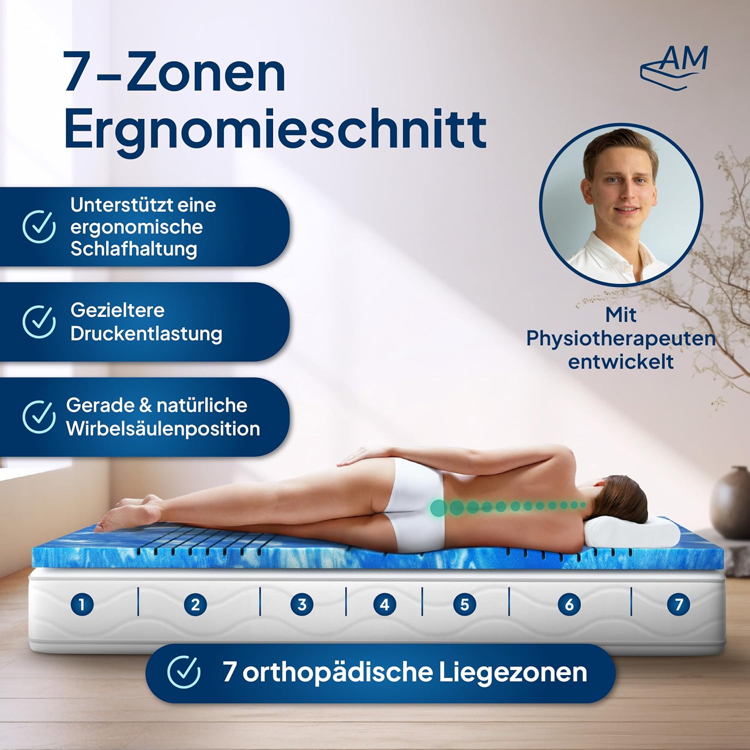 AM Qualitätsmatratzen 7 Zonen Deluxe Gel Topper 150x220cm RG50 - Made in Germany - Atmungsaktiver Gelschaum Topper 150x220-8cm - Kühlende Matratzenauflage mit Lyocell Bezug und Anti-Rutsch Funktion