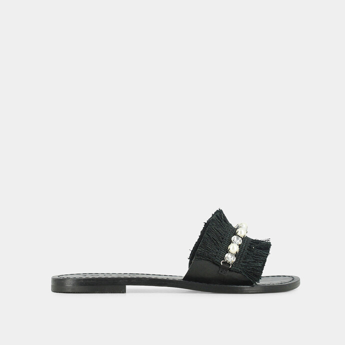 Mules à franges et perles  en cuir noir