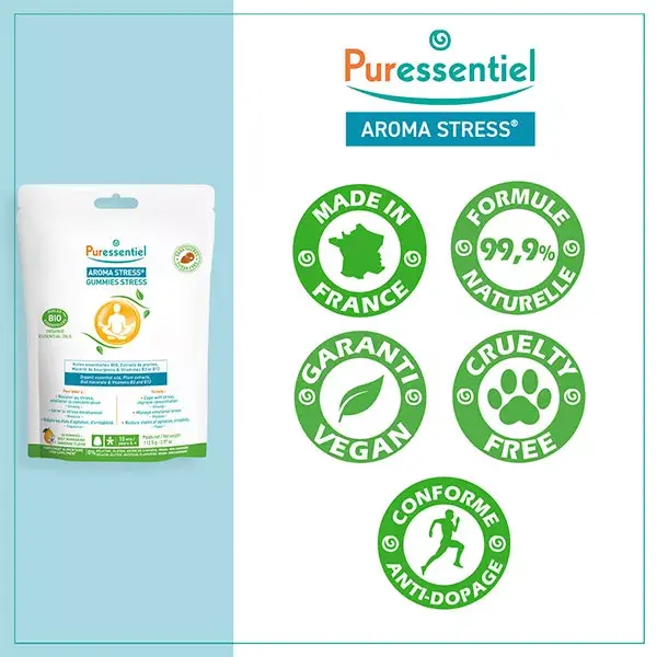 Puressentiel Aroma Stress Óleos Essenciais Orgânicos, Plantas e Vitaminas, 45 gomas