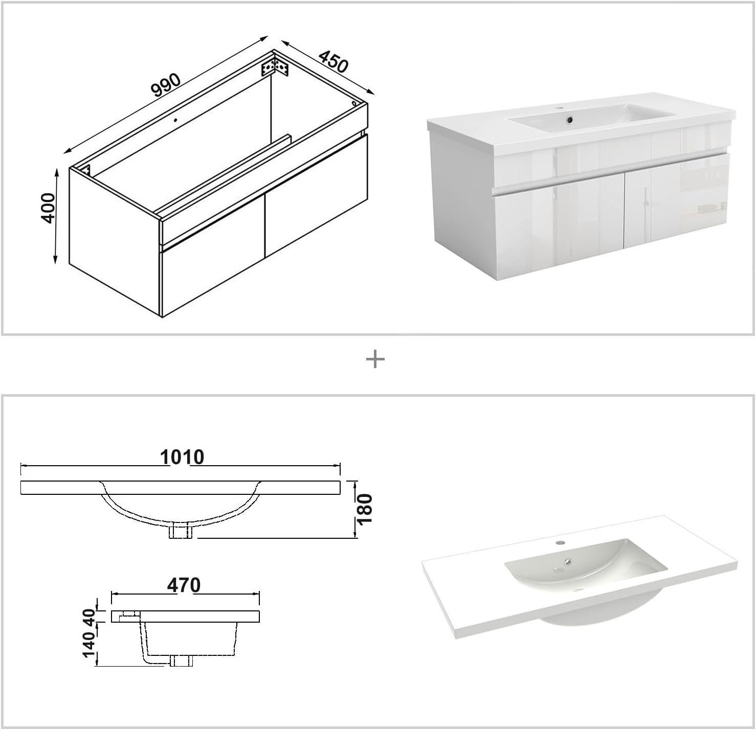 Badezimmer Badmöbel 100cm Mineralguss Waschtisch mit Unterschrank Hängeschrank Hochglanz Weiß Badezimmerschränke Badschrank mit 2 Soft-Close Türen