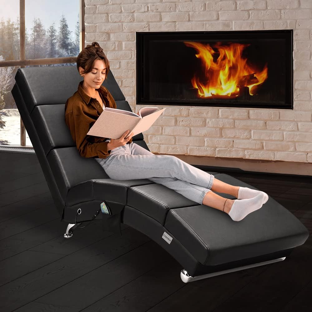 Casaria® Relaxliege Massage Heizfunktion 186x89x55cm Ergonomisch Kunstleder Gepolstert 180 kg Belastbarkeit Wohnzimmer Chaiselongue Relaxsessel Schwarz