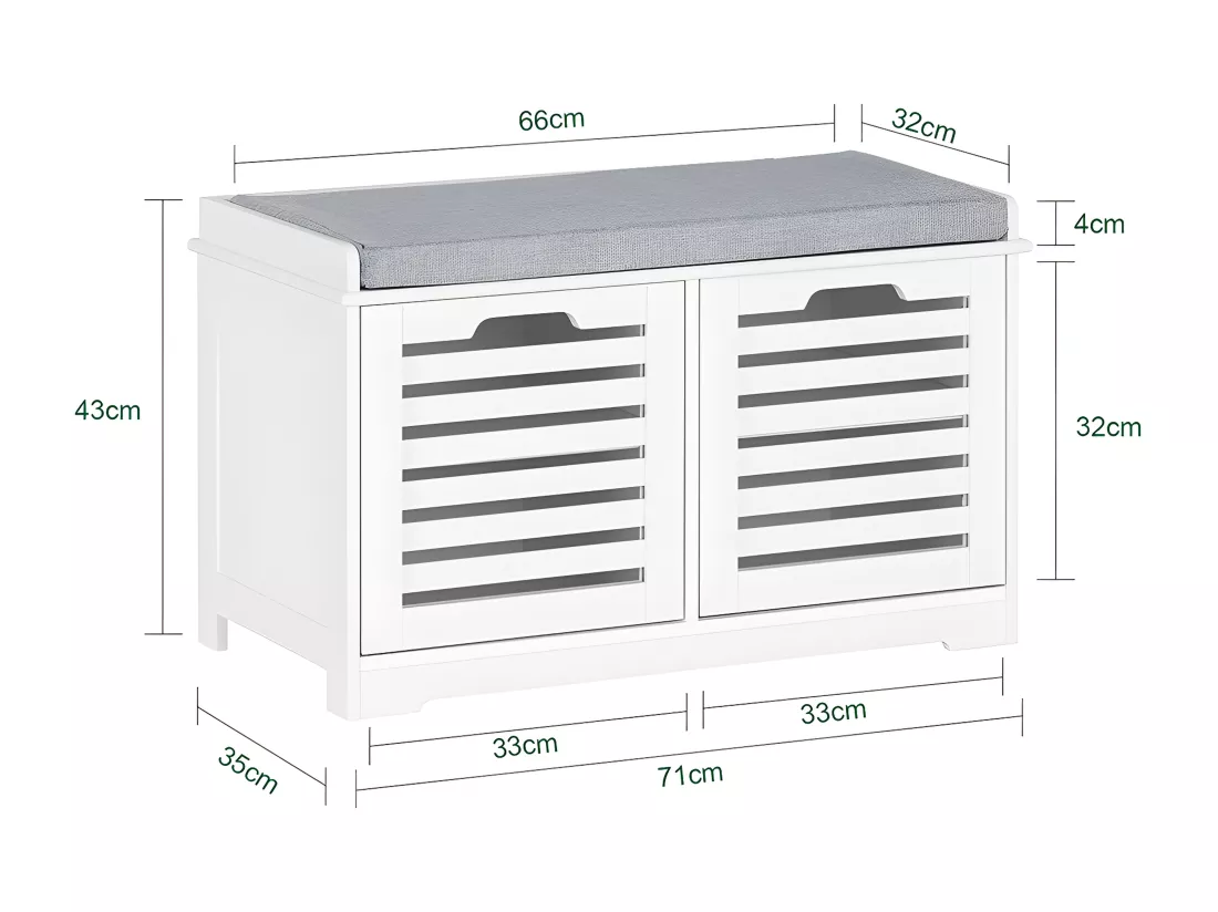 SoBuy Banc à Chaussures, Banc de Rangement à Chaussures, Meuble à Chaussures, Meuble Bas Entrée avec Coussin rembourré, 2 Portes et 4 Compartiments Ouverts, 71 x 35 x 43 cm, Blanc, FSR23-II-W