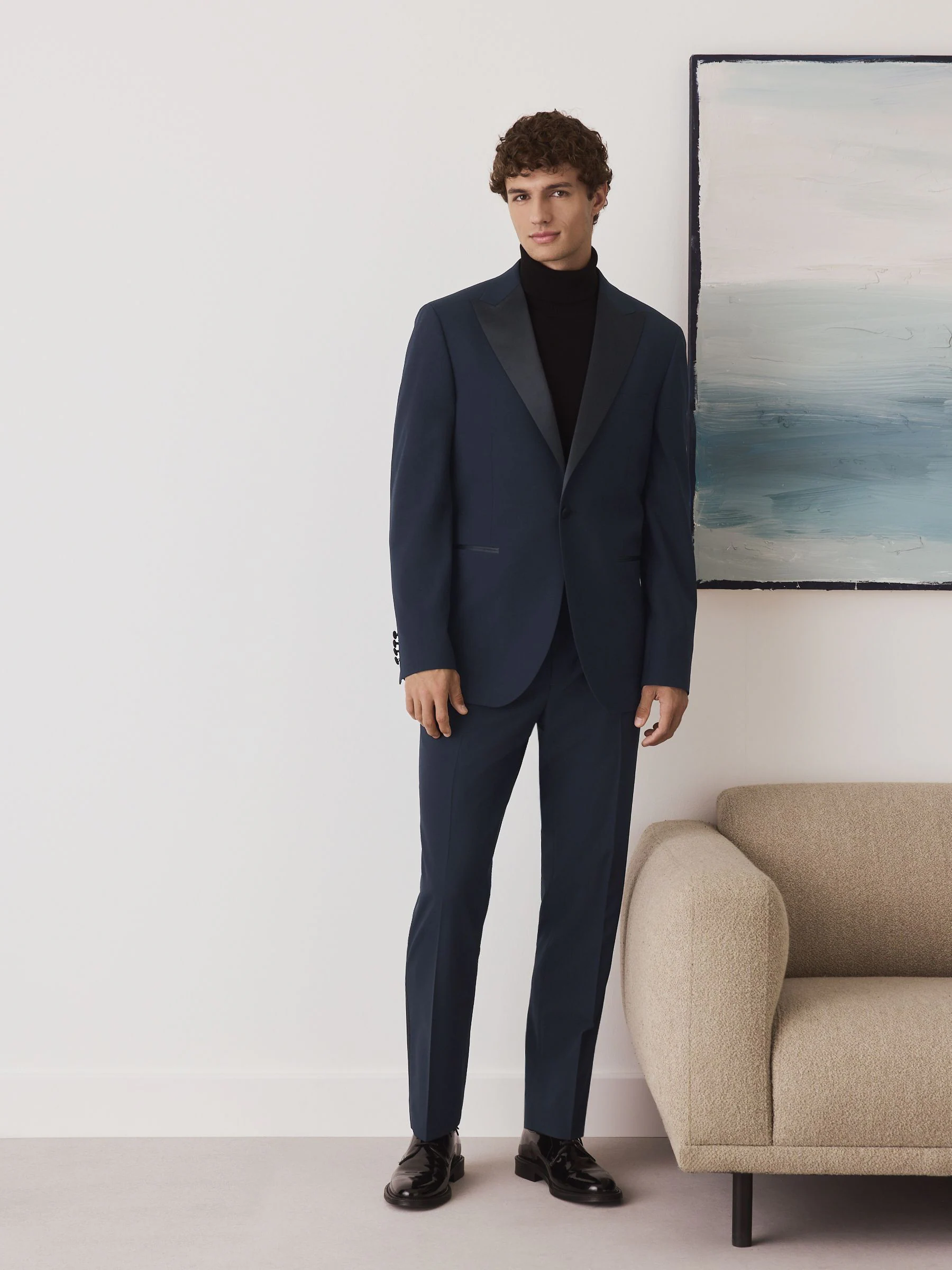 Marineblauw - Tailored Fit Wool Blend Motionflex Tuxedo Suit Jacket