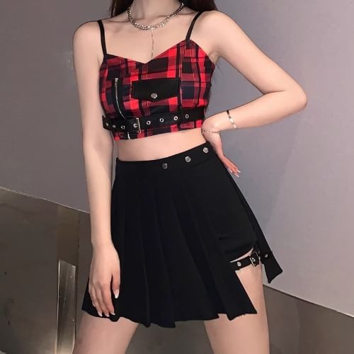 RONIN - Geruite crop top met riem / Hoge taille, effen geplooide nep-tweedelige mini-A-lijn skort