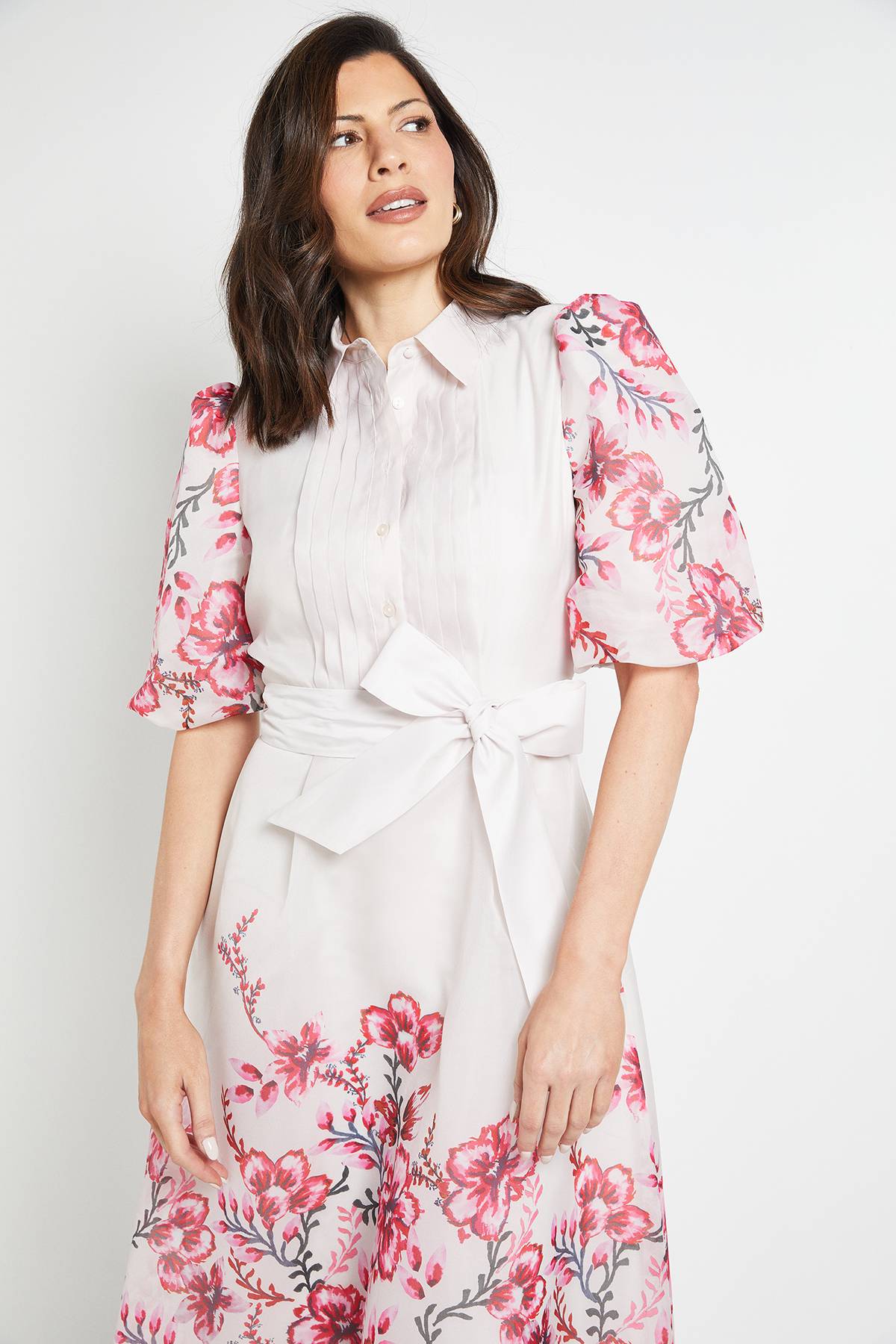 Wallis Robe Chemise Midi À Plis Nervurés En Organza Fleuri