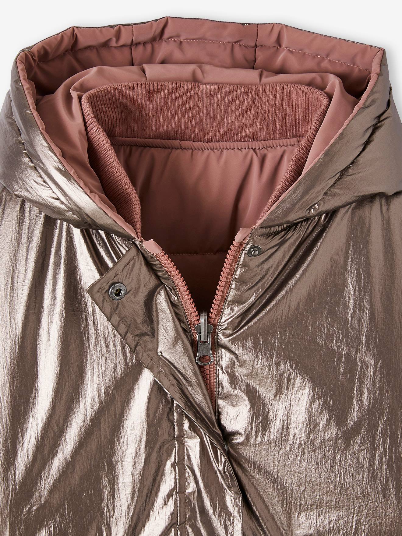 Parka reversível com efeito metálico, com capuz ou jaqueta acolchoada para meninas, prateada.
